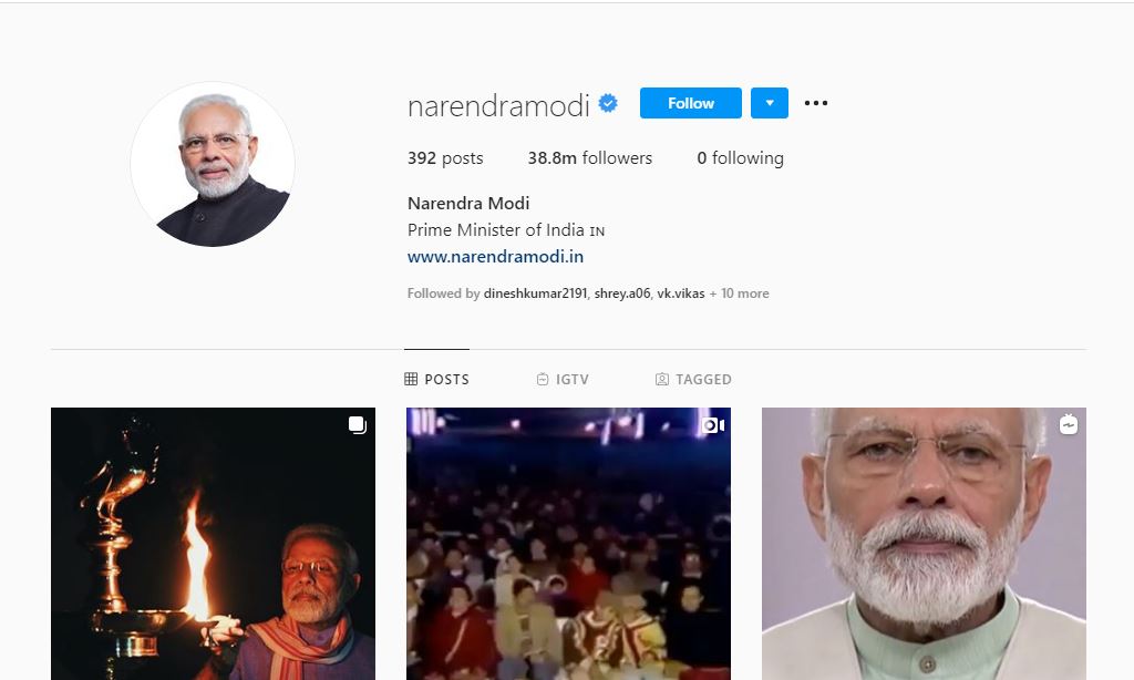 Most followed Indian Politician in the world on Instagram account - PM Modi Social Account