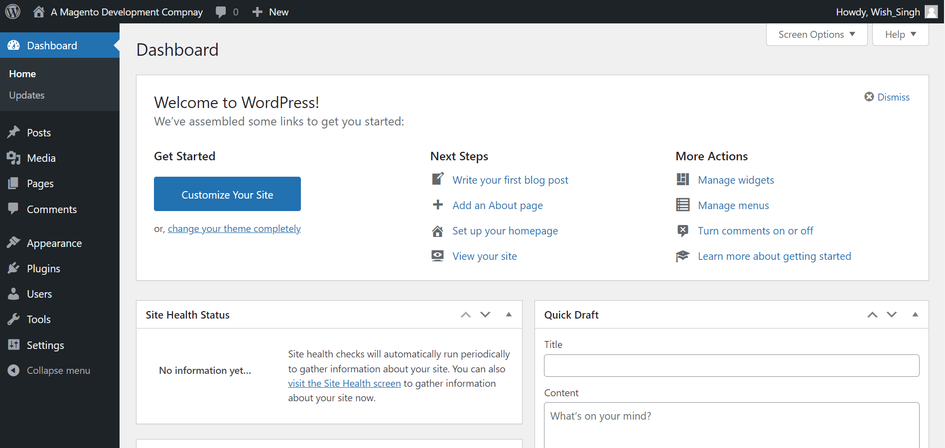 Dashboard of WordPress After Fresh Installation